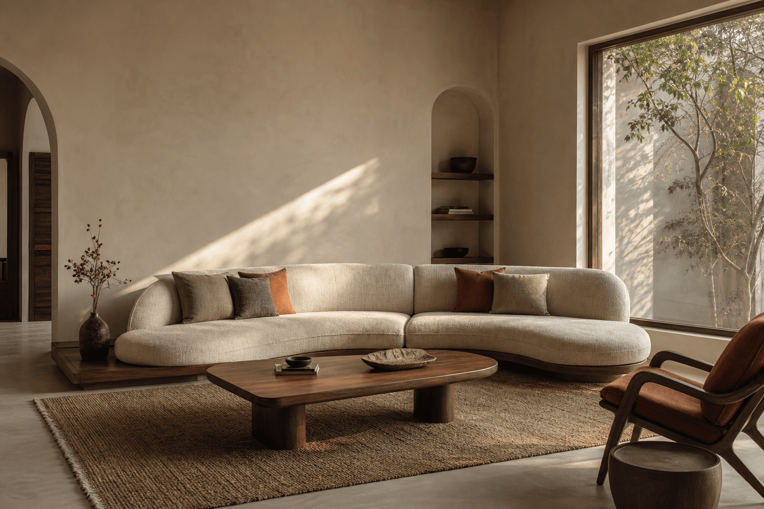 A warm contemporary living room with a curved bespoke sofa and handcrafted walnut furniture